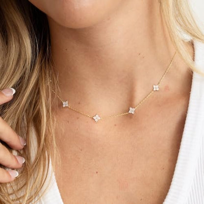 Dainty Silver Gold Necklaces for Women Cute Station Choker Simulated Diamond Necklace Simple Layering CZ Necklace Trendy Jewelry Gifts - color: Gold, style: Flower
