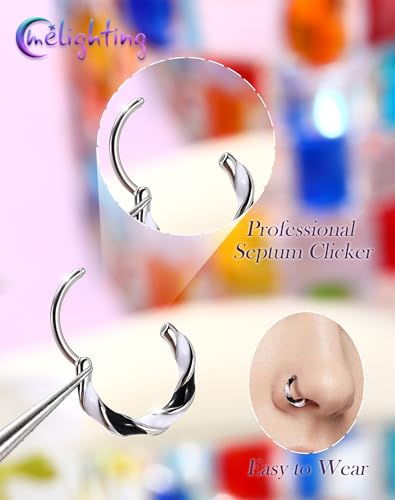 Melighting 20G Twist Nose Ring Hoop Stainless Steel 316L Piercing Jewelry | 7/8 mm Nose Piercing Jewelry, Cute Hinged Segment Clicker Lobe Helix Daith Cartilage Earring for Women - color: Steel WB, size: 20g7mm