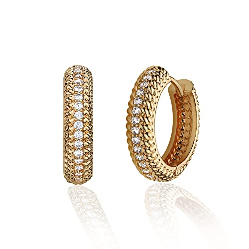 Huggie Hoop Earrings 14K Gold Plated Cubic Zirconia Dainty Simple Cute Beads Elegant CZ Circle Small Hoop Earring for Women Minimalist Handmade Hypoallergenic Jewelry - color: CZ-Middle Row