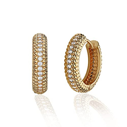 Huggie Hoop Earrings 14K Gold Plated Cubic Zirconia Dainty Simple Cute Beads Elegant CZ Circle Small Hoop Earring for Women Minimalist Handmade Hypoallergenic Jewelry - color: CZ-Middle Row