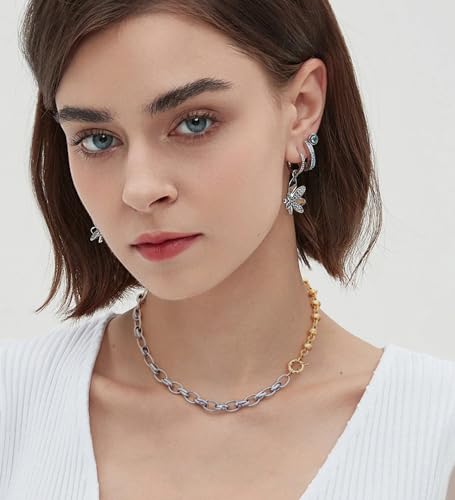 Aobei Pearl 18K Gold Plated Paperclip Chain Choker Satellite Chain Freshwater Cultured Biwa Pearl Pendant Necklace Dainty Turquoise Jewelry for Women - color: Two-tone Chain