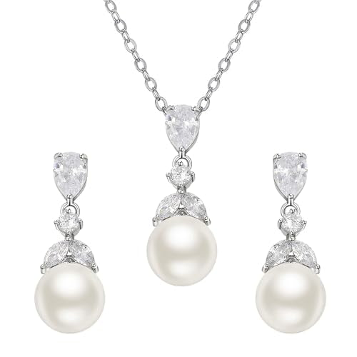 SWEETV Pearl Wedding Jewelry Set For Brides, Cubic Zirconia Wedding Necklace and Earrings Set, Elegant Bridal Jewelry Set for Women Bridesmaids Prom