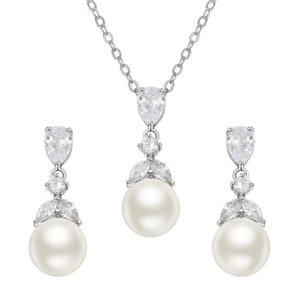 SWEETV Pearl Wedding Jewelry Set For Brides, Cubic Zirconia Wedding Necklace and Earrings Set, Elegant Bridal Jewelry Set for Women Bridesmaids Prom