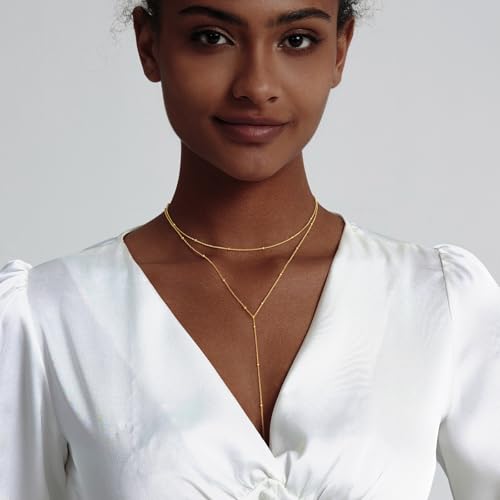HERIER Lariat Gold Necklace for Women, Dainty Long Necklace 14k Gold Plated/Silver Y-Shaped Layered Beaded Chain Drop Necklaces for Women Trendy Simple Gold Jewelry for Women Gifts - color: Y Small Layered Bead-Gold