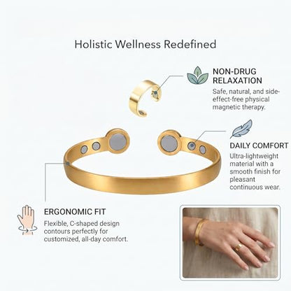 Calming Bracelet Ring Set for Women, Menopause Bracelets Adjustable Bangle Stainless Steel Cuff Climacterium Anxiety Stress Relief Energy Open Jewelry Gift - color: Gold PRO + Gold