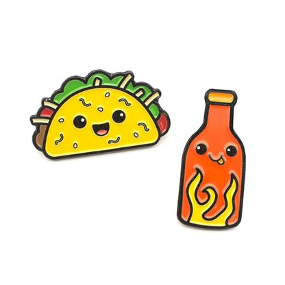 Enamel Pin Set (2 Pins Per Set) for Backpack, Bag, Lapel, Kawaii Button Collector - style: Taco & Hot Sauce