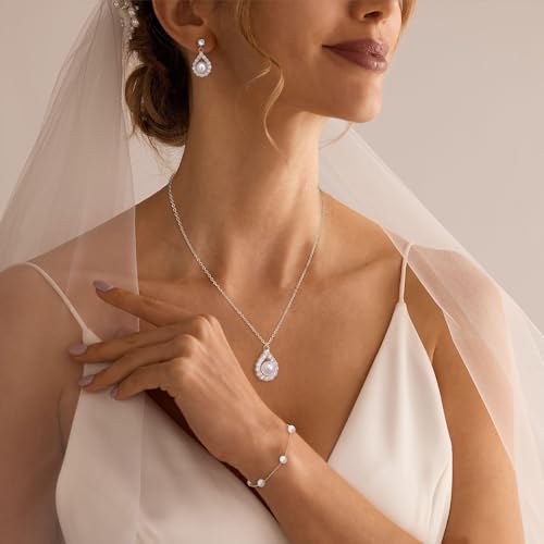 Jewelry Sets for Women,Dainty 14k Gold Plated Pearl Earrings Necklace Bracelet Fashion Silver Bridal Jewelry accessories SimpleWedding Jewelry Sets for Brides - color: silver