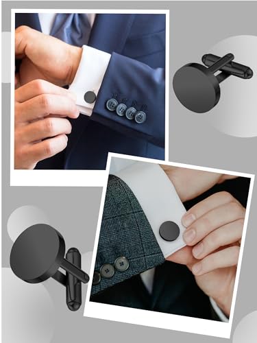 Newcotte 5 Pairs Cufflinks for Men Round Silver Cufflinks Mens Classic Stainless Steel Cuff Links Set for Wedding Gifts - color: Black