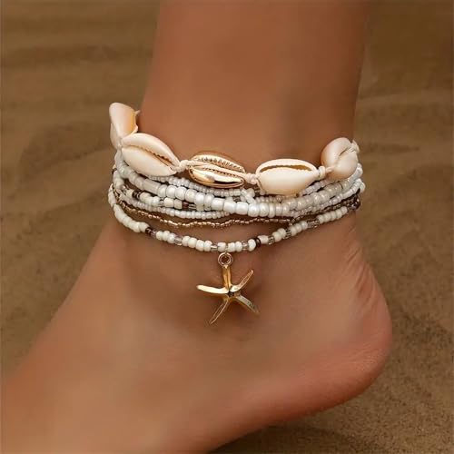 Qceasiy Shell Ankle Bracelets for Women, Boho Beaded Beach Anklet Set | Seashell, Heart, Starfish and Conch Styles, Gold-Tone, Stretch or Adjustable Fit, Layered Beach Vacation Jewelry Gifts - color: White 1