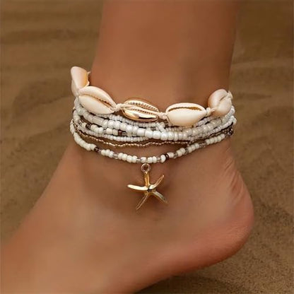 Qceasiy Shell Ankle Bracelets for Women, Boho Beaded Beach Anklet Set | Seashell, Heart, Starfish and Conch Styles, Gold-Tone, Stretch or Adjustable Fit, Layered Beach Vacation Jewelry Gifts - color: White 1
