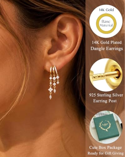 Dangle Gold Earrings for Women Trendy Triple Huggie Chain Earrings 14K Gold Plated Statement Cute Drop Dangle Earrings Dainty Hypoallergenic Chunky Hoop Earrings Fun Earring Stacks Jewelry - color: F-Clover Earrings