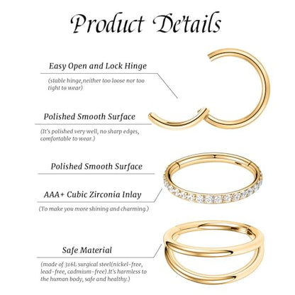 GAGABODY 2 Pcs Nose Rings 22G 20G 18G 16G 14G 12G 10G 8G Surgical Steel Piercing Rings for Nose Septum Cartilage Helix Tragus Conch Rook Daith Lobe from 5mm to 16mm Seamless Hoop Unisex Hinged Earrings - color: Gold-Single&Double&CZ Hoop