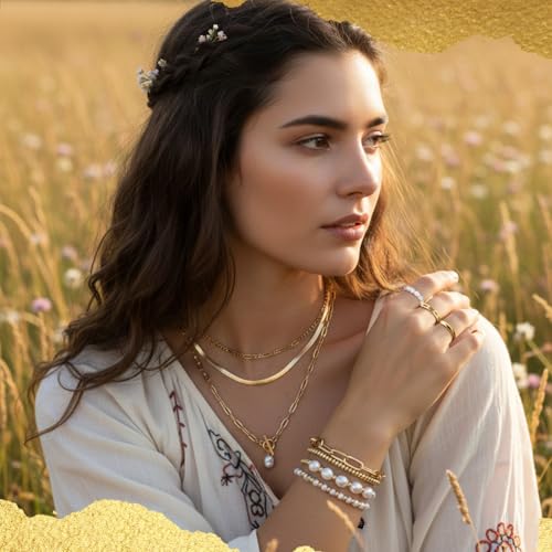 Ecally Bohemian Western Jewelry Turquoise Set Women Country Pendant Long Choker Layered Bracelets Earrings Ring for Women - color: Gold, style: Pearl
