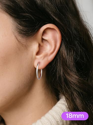 ChicSilver 925 Sterling Silver Hoop Earrings for Women Silver Huggie Hoops | Hypoallergenic 925 sterling silver hoops in 8/10/12/14/16/18/20MM, available in Gold/Silver/Rose Gold/Black. - color: Silver, size: 18mm
