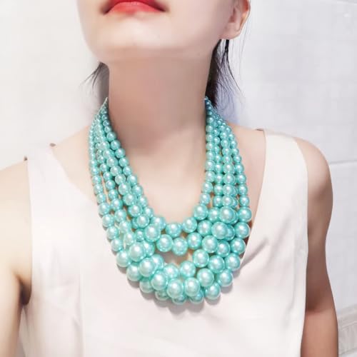 Faux Big Pearl Srand Necklaces for Women 5 Layers Pearls Choker Bib Collar Necklace Bracelet and Earrings set 1920s Costume Pearl Jewelry Bridal Wedding - color: light blue