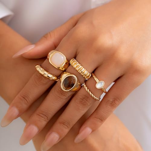 Gold Rings for Women Non Tarnish Boho Stackable Adjustable Open Rings Set Finger Knuckle Stacking Ring Packs Jewelry Gift - color: Gold Chunky Stackable Rings 6Pcs