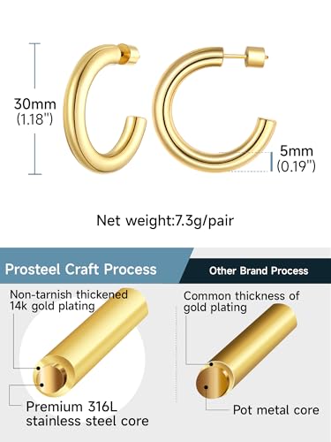 PROSTEEL Chunky Hoop Earrings for Women 14K Gold Plated/Black/Silver | 20/30/40/50/60/70/80mm Stainless Steel Thick Big Round Hoop with Waterproof and Non Tarnish Trendy Jewelry with Gift Box - color: 2. Gold, size: 30MM