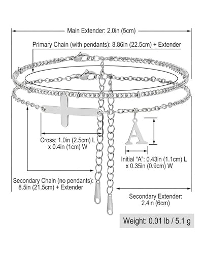 Layered Cross Initial Ankle Bracelets for Women Waterproof 14K Gold Plated Non Tarnish Stainless Steel Stacking Letter Charm Anklets Summer Beach Foot Jewelry Gift - color: silver