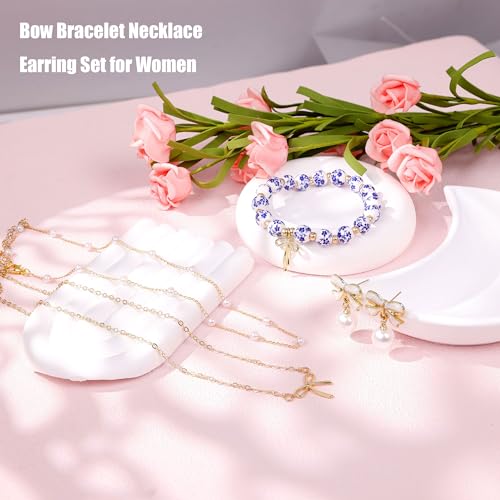 Bow Bracelet Necklace Earring Set for Women 14K Gold Plated Dainty Bow Necklace Flower Trendy Beaded Charm Bracelet Cute Pearl Drop Dangle Earrings Love Romantic Jewelry Gifts - color: blue