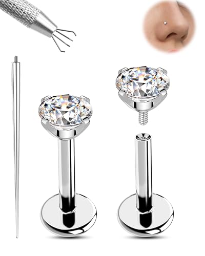 2PCS 20G/18G/16G Titanium Flat Back Nose Studs Internally Thread Cartilage Earring Studs Clear CZ Helix Tragus Earrings for Women Medusa Labret Stud Conch Piercing Jewelry Hypoallergenic - size: 1.0*8mm