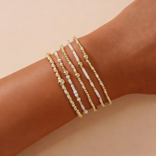 14K Gold Plated Beaded Bracelets Stack Set for Women,Stretch Boho Ball Jewelry Friendship Trendy - color: White