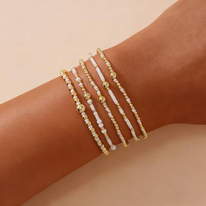 14K Gold Plated Beaded Bracelets Stack Set for Women,Stretch Boho Ball Jewelry Friendship Trendy - color: White