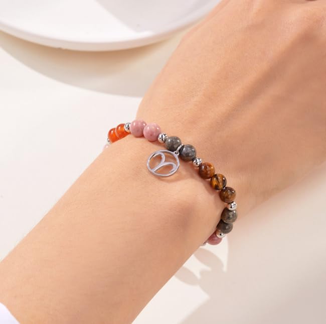 XAM 12 Zodiac Stone Beaded Bracelet - Natural Gemstone & Stainless Steel Charm Constellation Jewelry - color: J