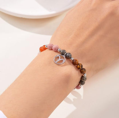 XAM 12 Zodiac Stone Beaded Bracelet - Natural Gemstone & Stainless Steel Charm Constellation Jewelry - color: J