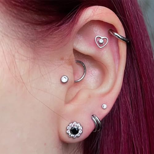 1PC ASTM F136 Titanium Mini Threadless Flat Back Stud 18G 6mm 8mm for Conch Helix Flat Tragus Labret - color: hollow heart - Tit