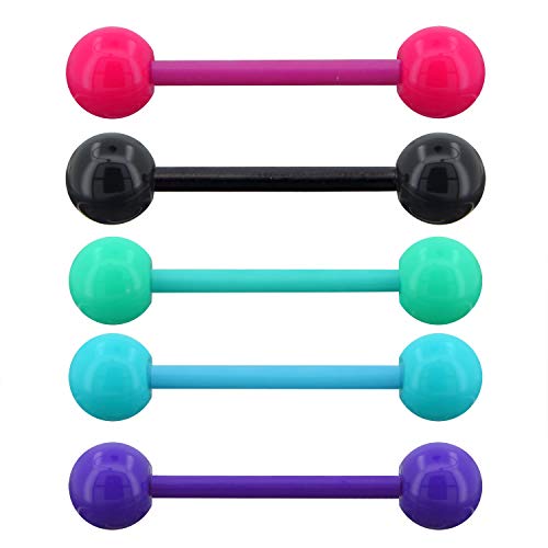 OUFER 14G 5PCS Soft Acrylic Tongue Rings Barbell Colorful Tongue Barbell Piercing for Women