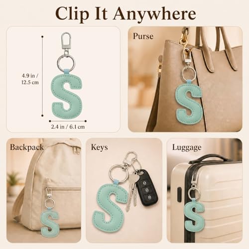 Initial Letter Keychain,Stainless Steel,Colorful Faux Leather Keyring for Backpack,Purse,Car Keys,Gift for Men Women - color: S