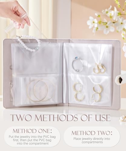 Homde Travel Jewelry Organizer for Women: 6 Pages with 18 Clear Pouches | 18 PVC Compartments for Rings Earrings Necklaces - Compact Book Case for Travel - Anti Tarnish Pockets with Snap Closure
