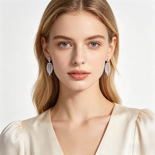 Sylph 14K 18K Gold Plated Chandelier Earrings for Women, Long Tassel Earring Huggie, Silver Leaf Dangle Drop Earrings, Dainty Bohemian Jewelry Gifts for Wedding Everyday Wear - color: D-Lightweight Feather Earrings Silver