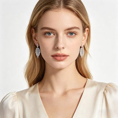 Sylph 14K 18K Gold Plated Chandelier Earrings for Women, Long Tassel Earring Huggie, Silver Leaf Dangle Drop Earrings, Dainty Bohemian Jewelry Gifts for Wedding Everyday Wear - color: D-Lightweight Feather Earrings Silver