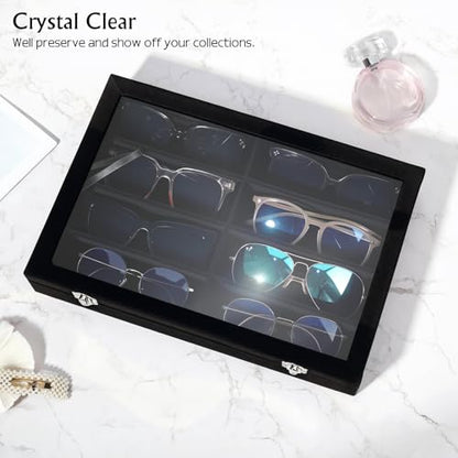Emibele Glasses Organizer Jewelry Tray, 8 Grids with Clear Lid Velvet Tray Watch Storage Stackable Jewelry Showcase Display Storage with Detachable Inner Dividers, Black | Dustproof Clear Lid Velvet Tray Watch Storage Jewelry Showcase Display Storage with