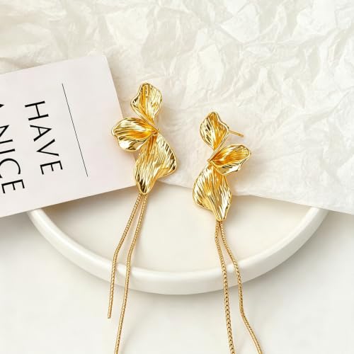OGD Chunky Gold Statement Earrings For Women Trendy Gold Plated Sectored Flower Leaf Angel Wing Earrings Large Stud Jewlery Hypoallergenic - color: Flower Tassel-Gold