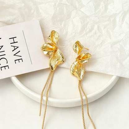 OGD Chunky Gold Statement Earrings For Women Trendy Gold Plated Sectored Flower Leaf Angel Wing Earrings Large Stud Jewlery Hypoallergenic - color: Flower Tassel-Gold