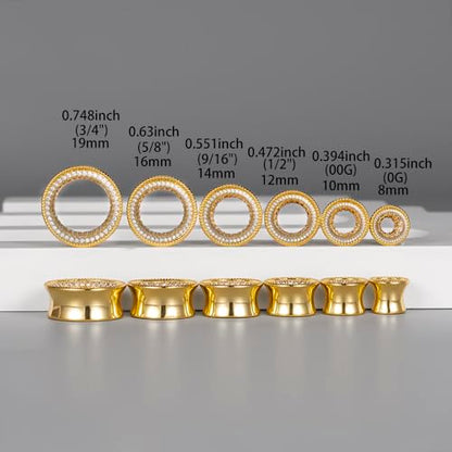 Vankula 2 Pcs Ear Gauges 0g(8mm)-5/8"(16mm) High Polish Single Flare Ear Tunnels 5A Cubic Zirconia Hypoallergenic Plugs for Stretched Ears Tapered Wedding Gift Body Jewelry - color: Gold, size: 10mm(00G)