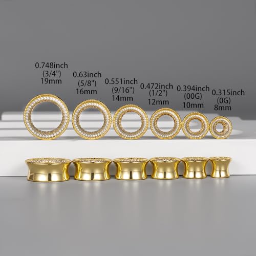 Vankula 2 Pcs Ear Gauges 0g(8mm)-5/8"(16mm) High Polish Single Flare Ear Tunnels 5A Cubic Zirconia Hypoallergenic Plugs for Stretched Ears Tapered Wedding Gift Body Jewelry - color: Gold, size: 12mm(1/2")