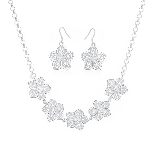 3 Circles Silver Hoop Earrings Necklace Set for Women Geometric Jewelry Set | 925 Silver Hypoallergenic Small Hoop Circle Geometry Textured Finish Minimalist Style Comfortable Wear - style: Flowers