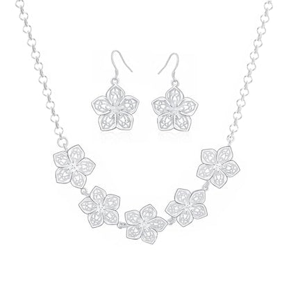 3 Circles Silver Hoop Earrings Necklace Set for Women Geometric Jewelry Set | 925 Silver Hypoallergenic Small Hoop Circle Geometry Textured Finish Minimalist Style Comfortable Wear - style: Flowers