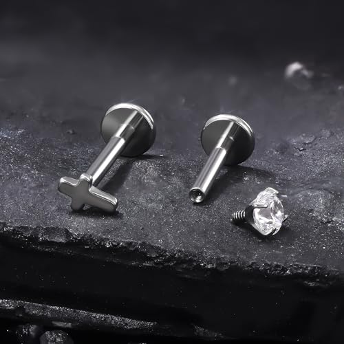 Titanium Flat Back Lip Rings Internally Threaded Earrings Studs Nose Rings 16G Cross Curve Stripe Tragus CZ Cartilage Lobe Rook Helix Conch Labret Medusa Piercing Jewelry for Women Men - style: Cross
