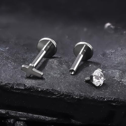 Titanium Flat Back Lip Rings Internally Threaded Earrings Studs Nose Rings 16G Cross Curve Stripe Tragus CZ Cartilage Lobe Rook Helix Conch Labret Medusa Piercing Jewelry for Women Men - style: Cross