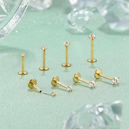 LOLIAS 14K Gold Plated Threadless Nose Studs, Nose Rings for Women 20G 18G | Hypoallergenic 316L Surgical Steel Labret Studs, Push In Flat Back Earrings, CZ Nose Nostril Tragus Helix Piercing Jewelry - color: 14K Gold Plated, size: 18G -1.6/2/2.5/3mm CZ-6
