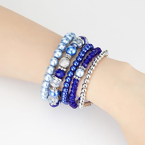 Noessla Beaded Pearl Stretch Bracelet Silver Stackable Crystal Beads Bracelets Trendy Costume Jewelry Mothers Day Gifts for Women - color: Sapphire
