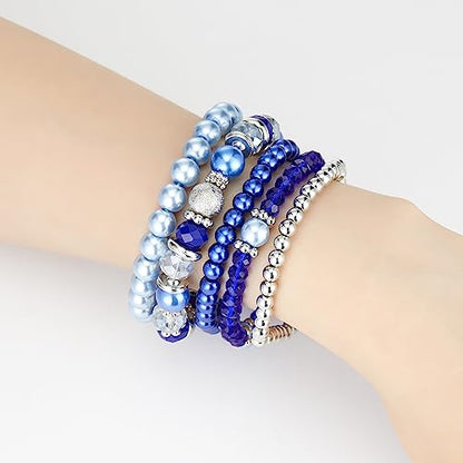 Noessla Beaded Pearl Stretch Bracelet Silver Stackable Crystal Beads Bracelets Trendy Costume Jewelry Mothers Day Gifts for Women - color: Sapphire