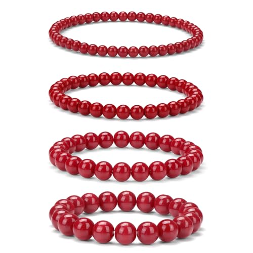 Vinswet 4pcs Beaded Bracelets for Women,Natural Healing Crystal Gemstones Bracelet,Anxiety Stress Relief Bracelet Handmade purple Jewelry Gifts for Women - color: Red agate