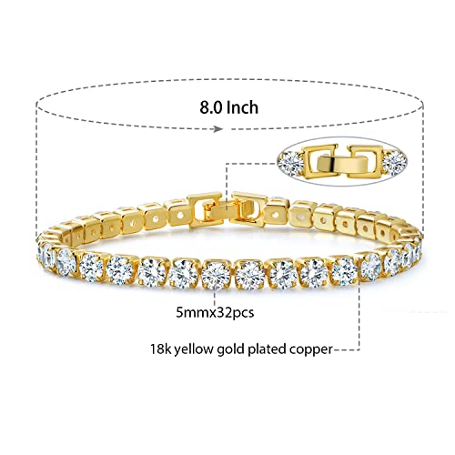 MDFUN 18K Yellow Gold Plated Round Tennis Bracelet for Women – Elegant 5mm Cubic Zirconia Tennis Bracelet – Great Gift for Mom, Wife & Loved Ones Size 6-8.5 inches - style: Round CZ- 8 in