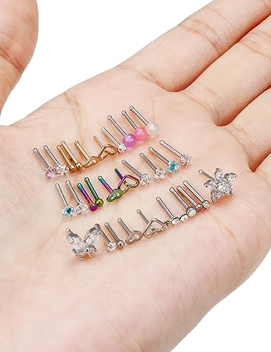 Prjndjw 20G 18G Nose Rings Studs Surgical Steel Nose Stud Glow Dark Heart Opal CZ Flower Nose Piercing Jewelry Nose Rings for Women Straight Screw L Shaped Nose Rings Hypoallergenic Nose Piercing Kit - color: 18G-Straight Bar Nose rings