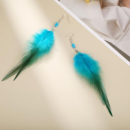 RUOFFETA Long Feather Earrings for Women, Boho Bohemian Earrings Multicolor Tassel Handmade Feather Earrings for Women Dangling - style: M-Blue